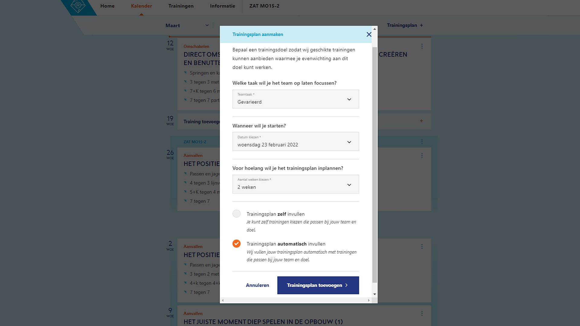 Trainingsplan aanmaken