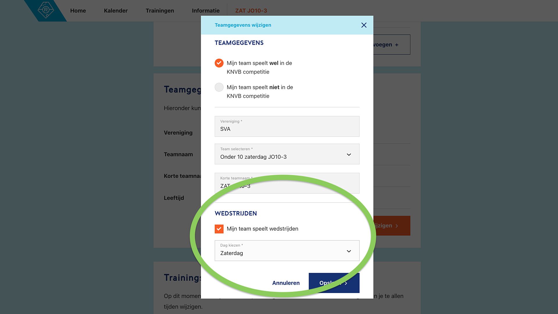 Wedstrijdmodus Team toevoegen